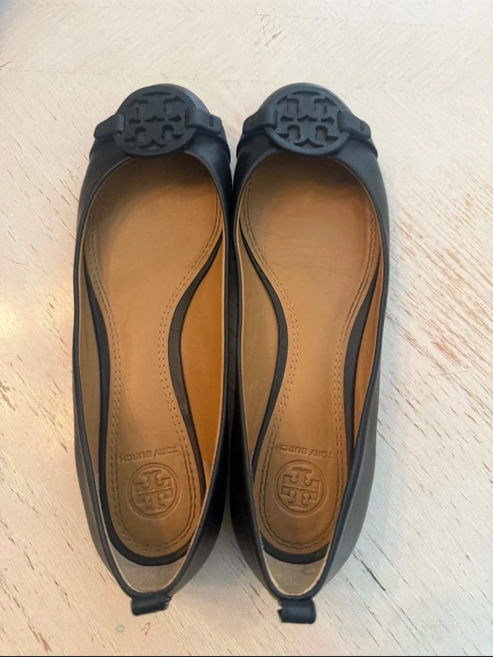 Tory Burch Black Leather Logo Ballet Flats
